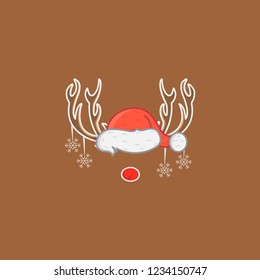 horn deers with santa hat, vector illustration, flat style design, with brown background.