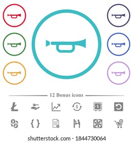 Horn flat color icons in circle shape outlines. 12 bonus icons included.