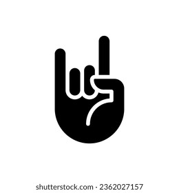 Horn gesture black glyph icon. Punk subculture sign. Satanic cult. Emotion expression. Body language. Silhouette symbol on white space. Solid pictogram. Vector isolated illustration