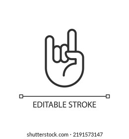Horn gesture pixel perfect linear icon. Punk subculture symbol. Expression. Body language. Thin line illustration. Contour symbol. Vector outline drawing. Editable stroke. Arial font used