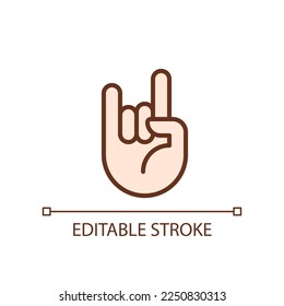 Horn gesture pixel perfect RGB color icon. Punk subculture symbol. Expression. Body language. Isolated vector illustration. Simple filled line drawing. Editable stroke. Arial font used