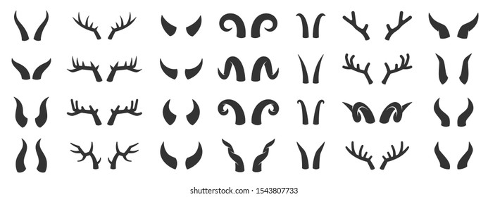 Horn glyph silhouette icons set. Animal carnival costume halloween symbol, simple shape pictogram collection. Antler, deer, devil, bull design element. Flat black sign. Isolated vector illustration