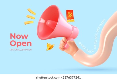Horn in hand. Bright banner in 3D style. Advertising or announcement. Vector illustration