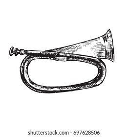 Horn, hand drawn doodle, sketch in woodcut style, black and white vector illustration