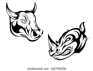 horn heads bull and rhino