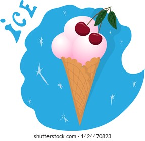 horn with ice cream, cherry dessert, freshness, summer, heat, cold