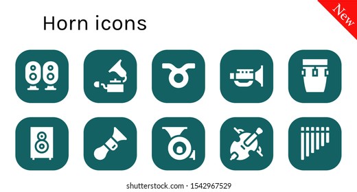 horn icon set. 10 filled horn icons.  Collection Of - Loudspeaker, Gramophone, Taurus, Jazz, Conga, Horn, French Cello, Flute icons