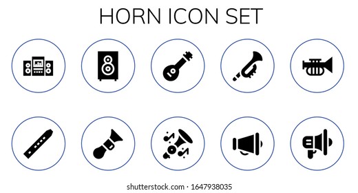 horn icon set. 10 filled horn icons.  Simple modern icons such as: Loudspeaker, Flute, Horn, Mandolin, Trumpet, Megaphone