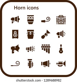  horn icon set. 16 filled horn icons. Simple modern icons about  - Megaphone, Conga, Party whistle, Amplifier, Loudspeaker, Horn, Flute, Instrument, Party blower, Tuba, Jazz