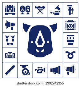  horn icon set. 17 filled horn icons.  Simple modern icons about  - Medieval, Megaphone, Devil, Rhino, Loudspeaker, Amplifier, Conga, Taurus, Flute, French horn, Electric piano