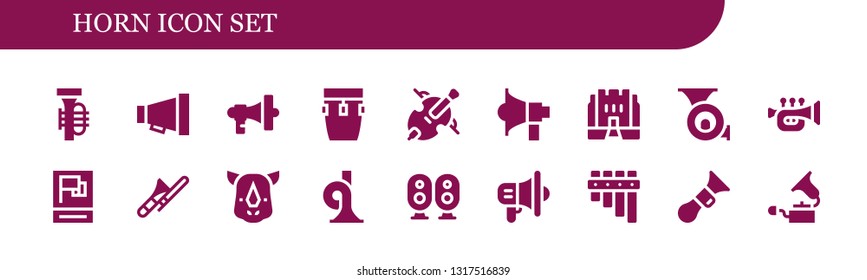 horn icon set. 18 filled horn icons.  Simple modern icons about  - Tuba, Megaphone, Conga, Cello, Medieval, French horn, Trumpet, Propaganda, Trombone, Rhino, Loudspeaker, Flute
