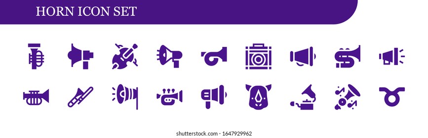 horn icon set. 18 filled horn icons. Included Tuba, Megaphone, Cello, French horn, Amplifier, Trombone, Trumpet, Rhino, Gramophone, Taurus icons