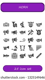 horn icon set. 25 filled horn icons.  Collection Of - Loudspeaker, Trombone, French horn, Viking, Trumpet, Megaphone, Rhino, Party blower, Jazz, Gramophone, Devil, Flute, Amplifier