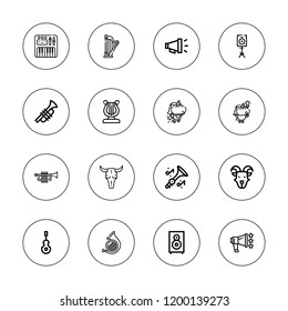 Horn icon set. collection of 16 outline horn icons with bull skull, goat, instrument, harp, french horn, megaphone, loudspeaker, unicorn, trumpet icons.