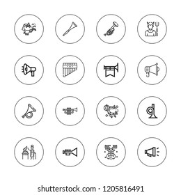 Horn icon set. collection of 16 outline horn icons with devil, cornet, flute, french horn, megaphone, gramophone, reindeer, unicorn icons.