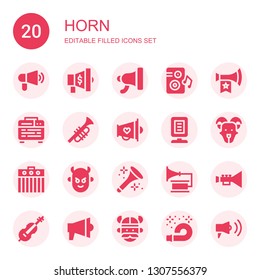 horn icon set. Collection of 20 filled horn icons included Megaphone, Loudspeaker, Vuvuzela, Amplifier, Trumpet, Announcer, Goat, Devil, Horn, Gramophone, Cello, Viking