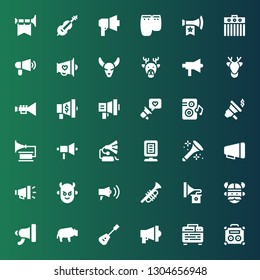 horn icon set. Collection of 36 filled horn icons included Amplifier, Megaphone, Mandolin, Bison, Viking, Gramophone, Trumpet, Devil, Horn, Announcer, Loudspeaker, Deer, Bull skull