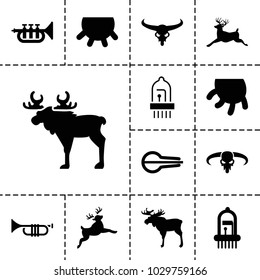 Horn icons. set of 13 editable filled horn icons such as udder, moose, bull skull, deer, musical instrument