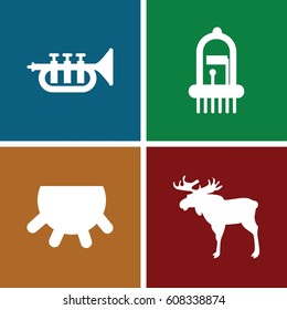 Horn icons set. set of 4 horn filled icons such as udder, moose, trumpet