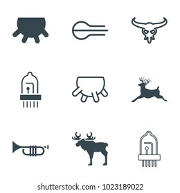 Horn icons. set of 9 editable filled and outline horn icons such as udder, deer, bull skull, moose, musical instrument