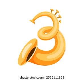 Horn musical instrument font 3 digit symbol. Sound festival classic equipment latin alphabet isolated vector numeral symbol, musician acoustic sax brass instrument arabic three digit or font figure