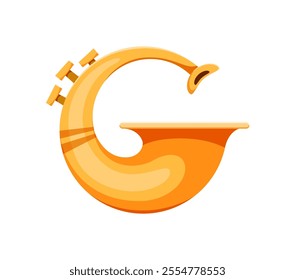 Horn musical instrument font G letter. Orchestra acoustic equipment English ABC symbol, musician classic horn or sax brass musical instrument font typeset vector letter. Latin alphabet element