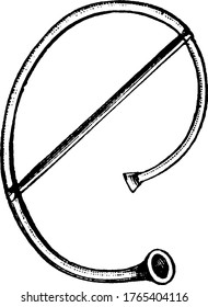 Horn, a musical instrument used by ancient Romans is made out of brass and a tubing wrapped into a coil with a flared bell. Cornu is a Latin word for a horn., vintage line drawing or engraving.