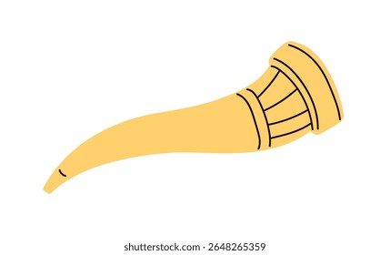Chifre da mitologia nórdica. Gjallarhorn dourado curvado da antiga cultura viking. Legenda instrumento de música, velho celta, escandinava, saga nórdica. Ilustração de vetor plano isolada no plano de fundo branco