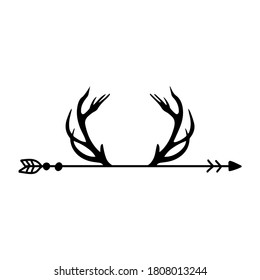 'horn' on boho arrow - reindeer, deer, roe antler. Handwritten  tattoo, ink design or greeting card. Modern vector art.