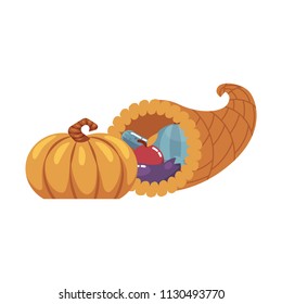 Horn of planty or cornucopia flat icon with vegetables - pumpkin, apple, eggplant grape and pear. Symbol of thanksgiving holiday autumn harvest celebration. Traditional decoration, vector illustration