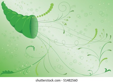 Horn of plenty with abstract plants and flowers on a green background