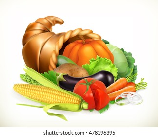 Horn Of Plenty, Cornucopia. 3d Vector Icon