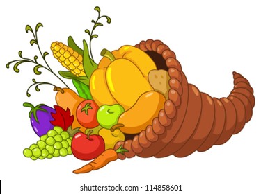 Horn of plenty. Cornucopia with autumn fruits and vegetables