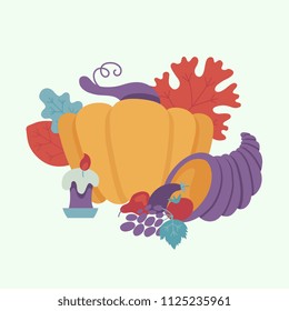 Horn of plenty or cornucopia, pumpkin with candle and autumn forest symbols - leaves, berries pattern. Cartoon vector illustration. Sign of thanksgiving holiday, autumn and harvest.