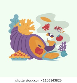 Horn of plenty or cornucopia, thanksgiving pie and autumn forest symbols - leaves, berries pattern. Cartoon vector illustration. Sign of thanksgiving holiday, autumn and harvest.