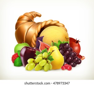 Cuerno de abundancia. Cosecha frutas. Icono de vector 3d