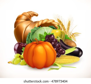 Horn of plenty. Harvest fruits and vegetables. 3d vector icon