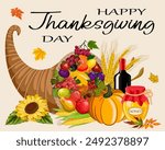 Horn of plenty with products.Vector illustration with cornucopia for Thanksgiving.