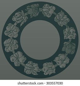 Horn of plenty. Round ornament, wreath with leaves and fruits. Fruits and vegetables arranged on a circle. Vector file