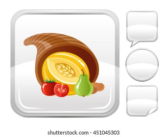 Horn of plenty vector icon with melon, tomato vegetables for season concept - summer gardening, autumn farming harvest, thanksgiving. Blank button forms set - square, speaking bubble, circle, sticker