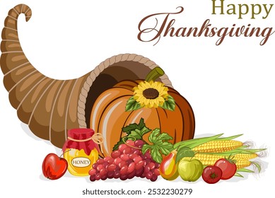 Horn of plenty in vector illustration.Color vector illustration with cornucopia farm products on transparent background with text.