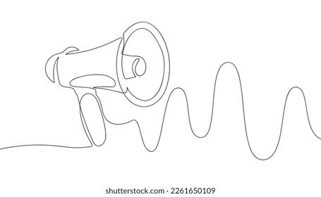 Horn public speaker continuous one line drawing. Megaphone announce as symbol of marketing promotion in simple linear style. Business concept for attention and job offer. Doodle vector illustration