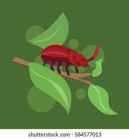 the horn red beetle is eating leaves style flat art