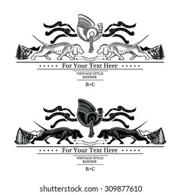 horn with ribbon and two dachshund opposite in forest hunting label or banner