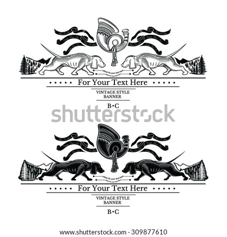 horn with ribbon and two dachshund opposite in forest hunting label or banner