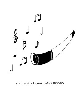 A horn that makes a melody. Russian wind folk instrument, horn, bugle, hand drawn in vector on a white background. Suitable for printing on fabric, posters, cards, invitations.