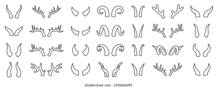 Horn thin line icon set. Animal carnival costume collection of simple outline signs. Antler symbol in linear style. Deer, devil, bull, elk black contour flat icons design. Isolated vector Illustration