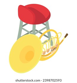 Horn trumpet icon isometric vector. Wind musical instrument near bar stool icon. Music and art concept