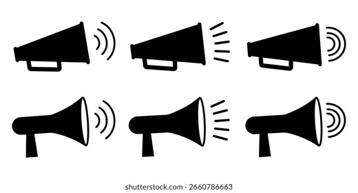 Conjunto de iconos de Vector de cuerno. Diseño de logotipo de Sitio web de iconos de silueta de audio minimalista. Conjunto de ilustración perfecta del elemento del logotipo del cuerno de los gráficos del Vector en el fondo blanco. Imagen de Vector.