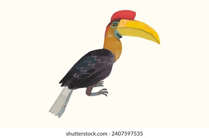 Ilustración vectorial de la acuarela de Bucerótido, pájaro, fauna silvestre animal.